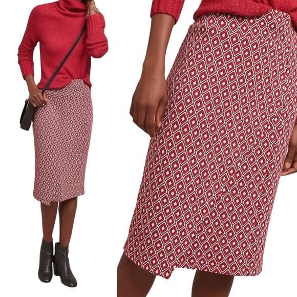 Maeve Pencil Skirt Over the Knee Geometric Patterned Stretchy Red Womens Small - Picture 2 of 7